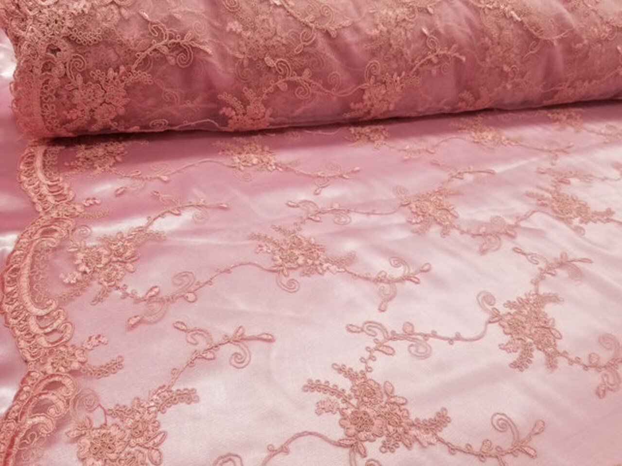 1 Yard Dusty Rose French Floral Mesh Lace Fabric for Bridal Dresses and Decor 50/54 Inch Width